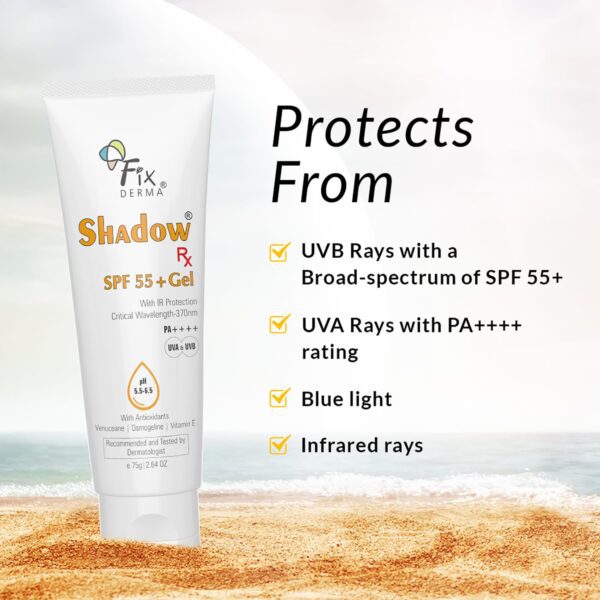 Fixderma Shadow RX Sunscreen Gel SPF 55+ PA+++ UVA & UVB with IR Protection & Vitamin E (75g) - Fixderma