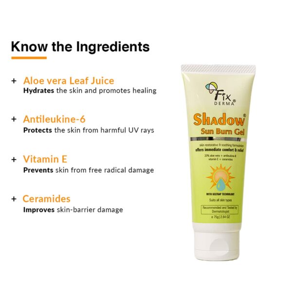 Fixderma Shadow Sun Burn Gel with 20% Aloe Vera Gel & Vitamin E Sunburn Cream for Face (75 g) - Fixderma