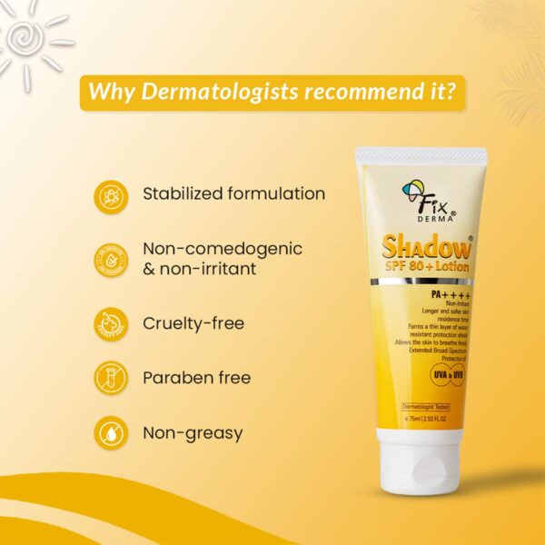 Fixderma Shadow Sunscreen SPF 80+ PA++++ Lotion, Oily Skin & Dry Skin, UVA & UVB Protection (75ml) - Fixderma