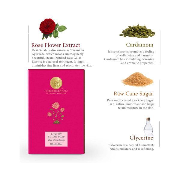 Forest Essentials Rose & Cardamom Luxury Sugar Ayurvedic Handmade Soap (100g) - Forest Essentials