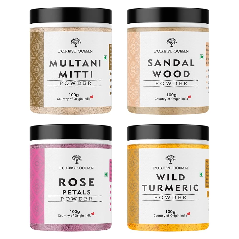 Forest Ocean Multani Mitti Powder, Sandalwood (Chandan) Powder, Wild Turmeric/Kasturi Manjal Powder & Rose Petal Powder Super Saving Combo Pack For Face Care & Skin Care. 100g...