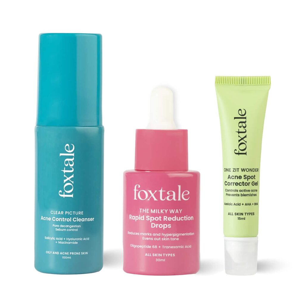 Foxtale Acne Clearing Anti-Acne Trio - Acne Control Cleanser, Corrector Gel & Spot Reduction Drops - Foxtale