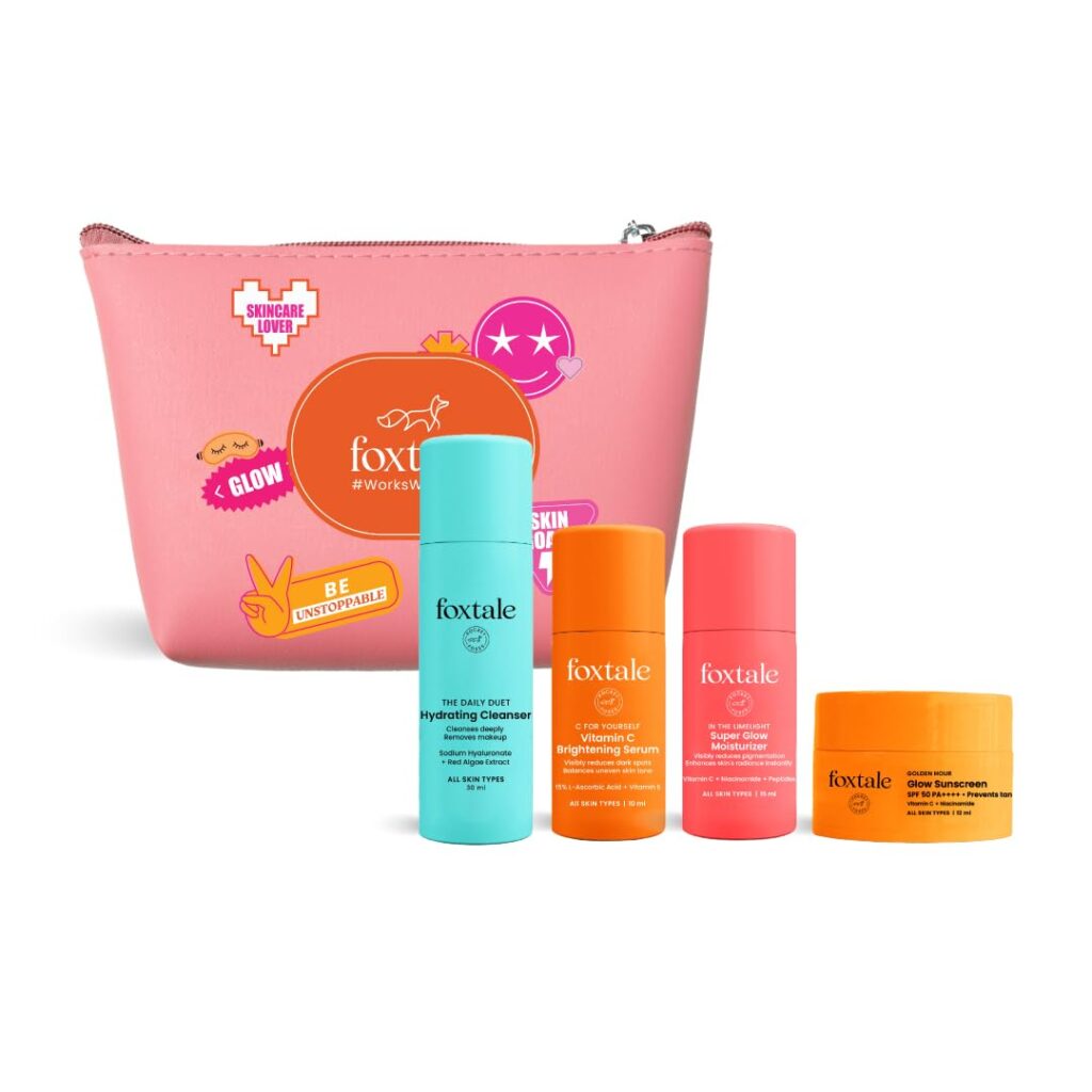 Foxtale On the Glow Travel Kit | Vitamin C, Niacinamide & Peptides | Brightening & Hydrating Skincare Set | For Glowing Skin | Travel Pouch Included | Pack of 4 | Travel &...