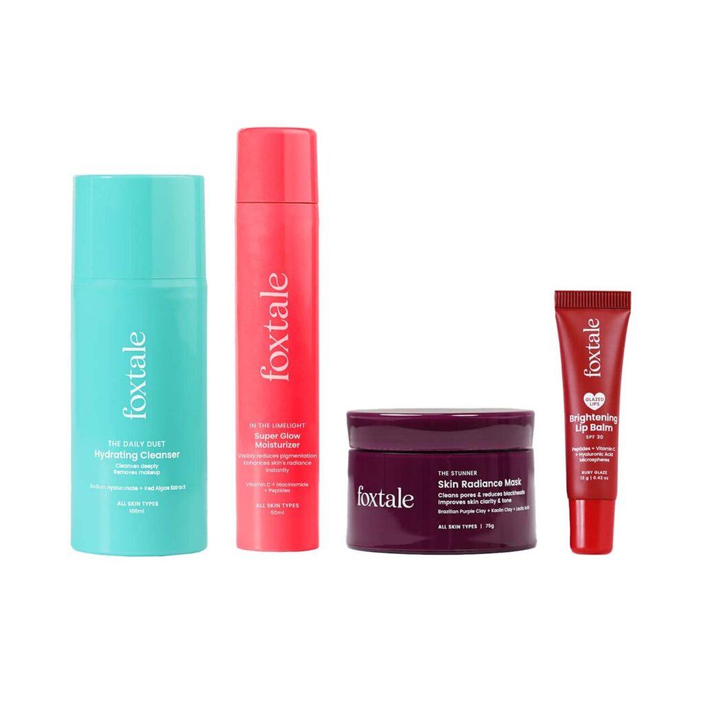 Foxtale Soft Skin Squad for Glowing Skin - Cleanser, Moisturizer, Mask and Ruby Glaze Lip Balm Combo - Foxtale