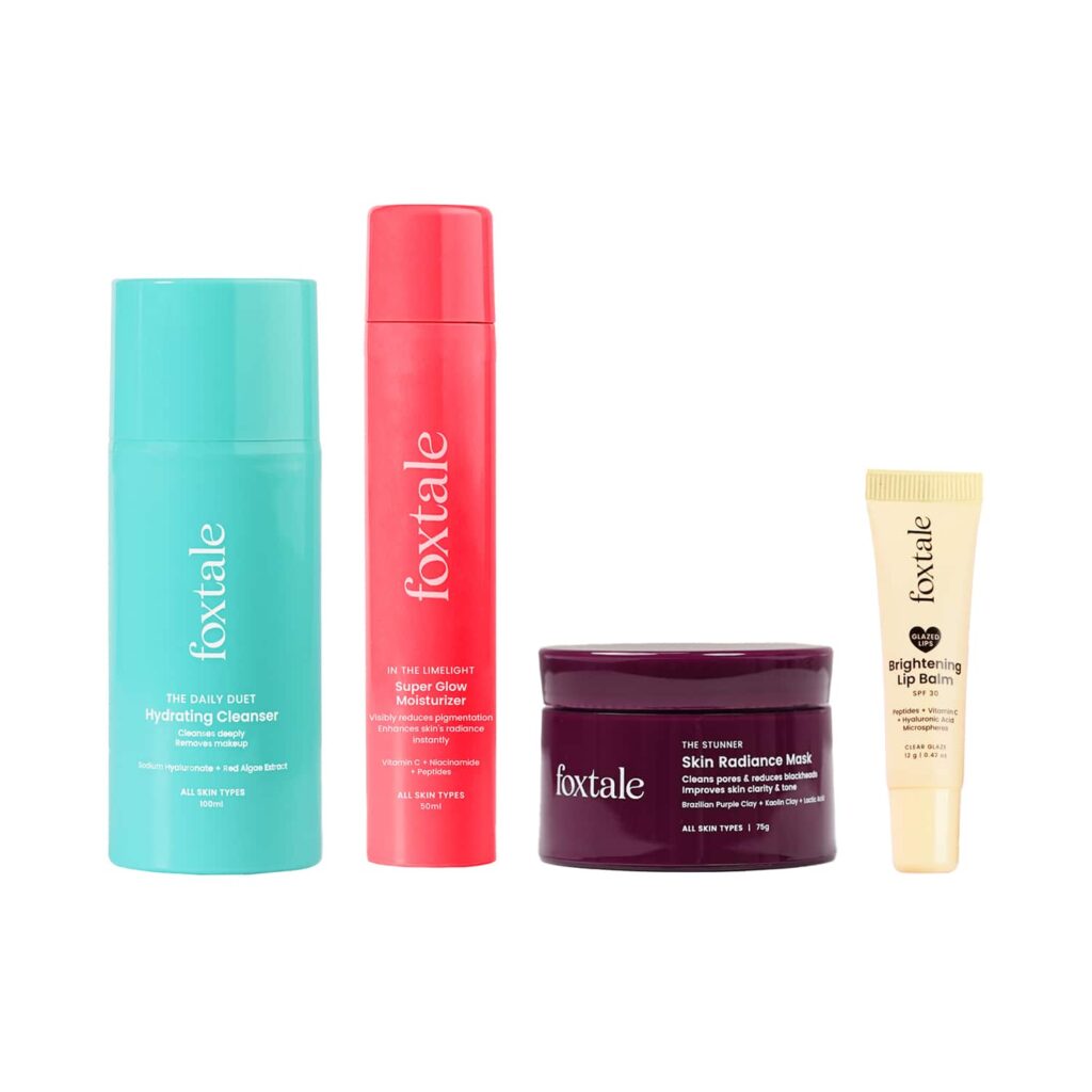Foxtale Soft Skin Squad for Glowing Skin - Cleanser, Moisturizer, Mask and Ruby Glaze Lip Balm Combo - Foxtale