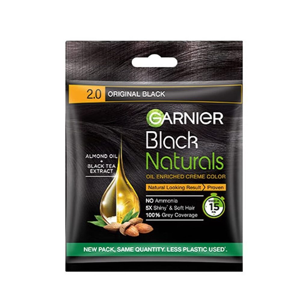 Garnier, Hair Colouring Crème, 100% Grey Coverage, Softening and Increased Shine, Black Naturals, 2.0 Original Black, 20g + 20ml