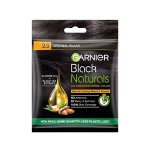 Garnier, Hair Colouring Crème, 100% Grey Coverage, Softening and Increased Shine, Black Naturals, 2.0 Original Black, 20g + 20ml
