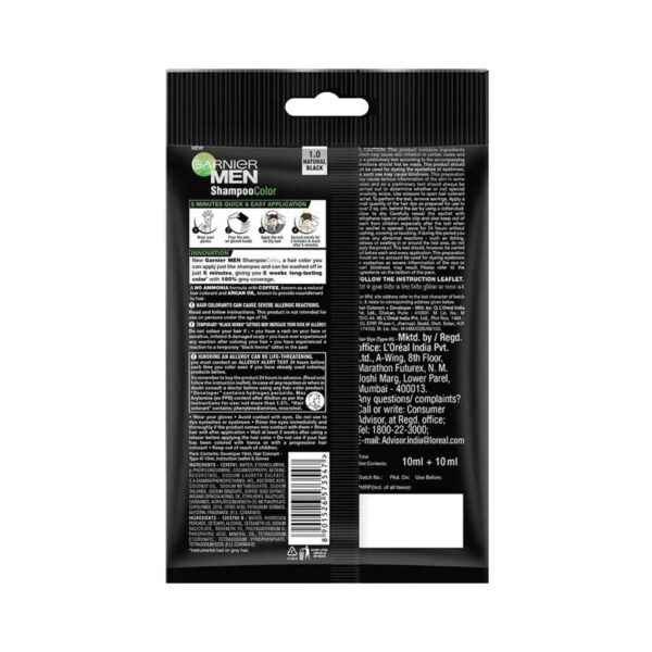 Garnier Men Shampoo Based Hair Color - Shade 1.0 Natural Black (10ml + 10ml) - Garnier