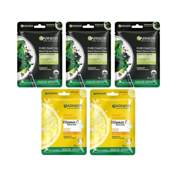 Garnier Skin Naturals Charcoal And Bright Complete Sheet Mask Combo - (5 Pcs) - Garnier
