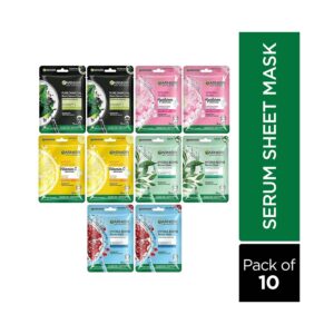 Garnier Skin Naturals Charcoal, Sakura Glow, Bright Complete, Green Tea And Hydrabomb Sheet Mask Combo - (10 Pcs) - Garnier