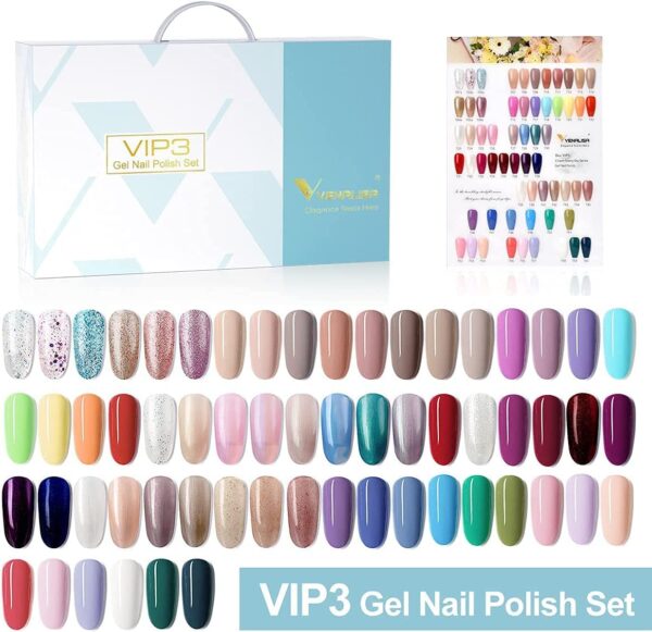 Gel Nail Polish Kit with Color Card,Base Matte Top Coat Gel Polish Set,UV LED Soak Off Manicure Starter,Suitable to DIY at Home Nail Art Salon multicolor (Pack of 65)