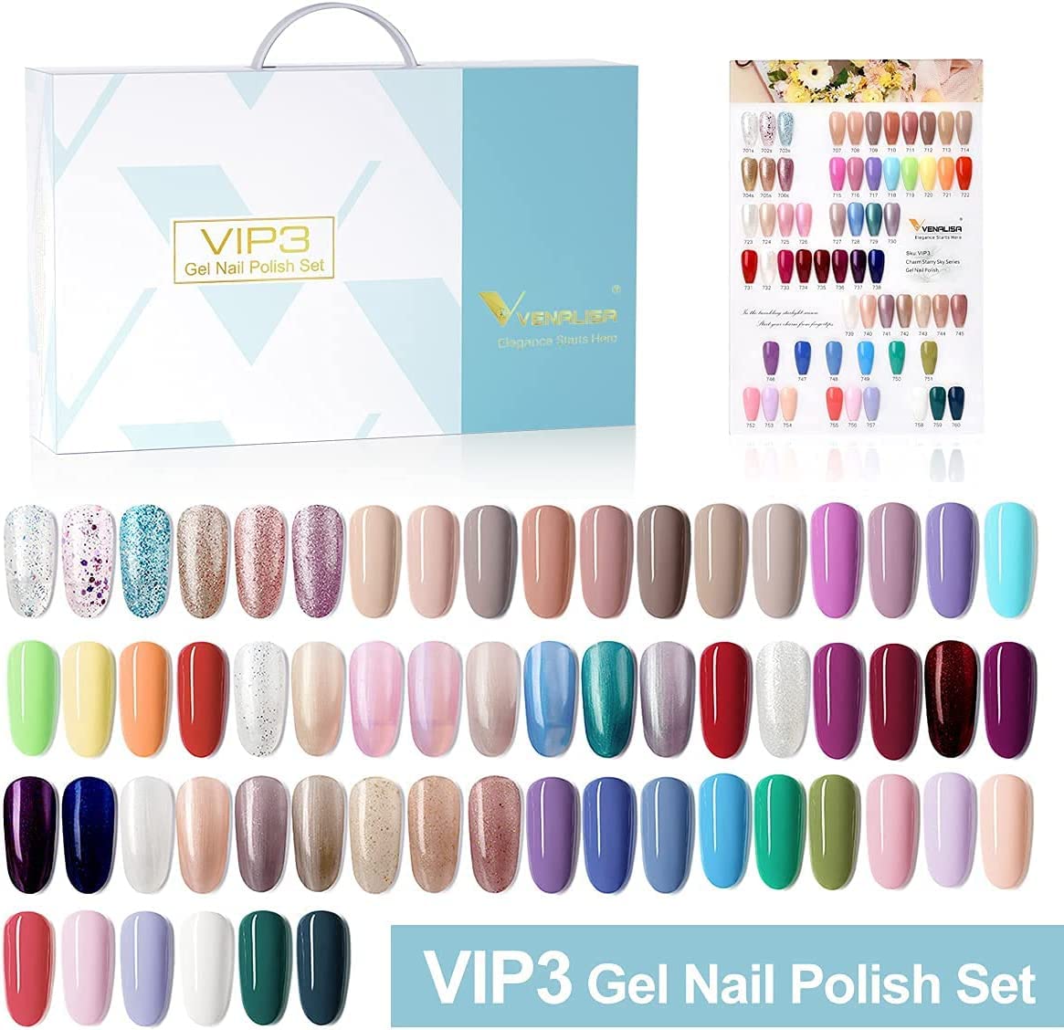 Gel Nail Polish Kit with Color Card,Base Matte Top Coat Gel Polish Set,UV LED Soak Off Manicure Starter,Suitable to DIY at Home Nail Art Salon multicolor (Pack of 65)