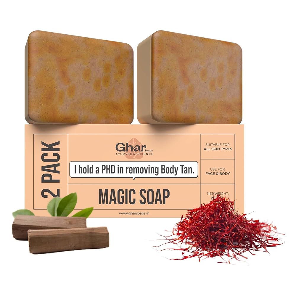 Ghar Soaps Sandalwood & Saffron Magic Soaps For Bath (100 Gms Pack Of 2) | Paraben Free | Chandan & Kesar Bath Soap | Handmade Soaps For Glowing | Skin Brightening Soap For Men...