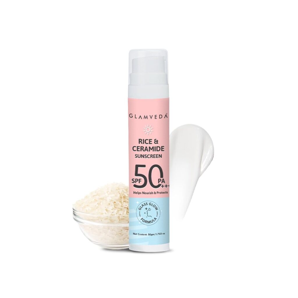 Glamveda Rice & Ceramide Dewy Sunscreen SPF 50 PA+++ | Transparent, Ultra lightweight gel cream | No White Cast, Water & Sweat Proof | For Dry & Sensitive Skin Types 50 ml