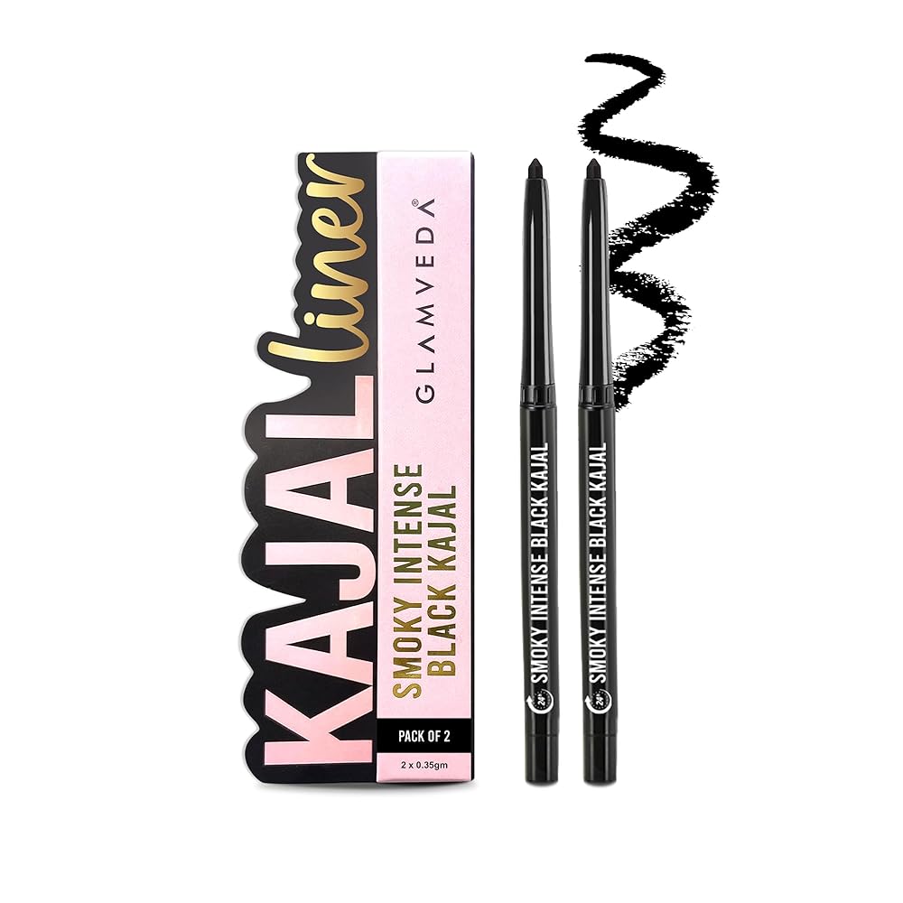 Glamveda Smoky Intense Black Kajal - 0.35g ( Pack Of 2)| 24-Hour Long Stay | One-Stroke Smooth Application | Waterproof, Smudgeproof & Sweatproof | Rich Intense Black Pigment |...