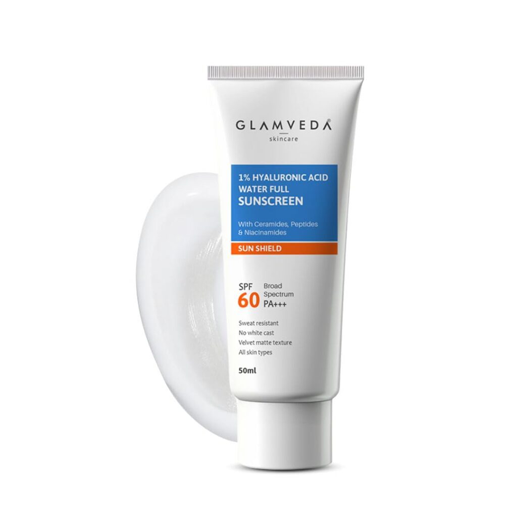 Glamveda Ultra-Light SPF 60 PA+++ Sunscreen 50 ml | Water-Full Hydration with 1% Hyaluronic Acid, Ceramides, Peptides & Niacinamide | Broad Spectrum | Anti-Aging, No White Cast,...
