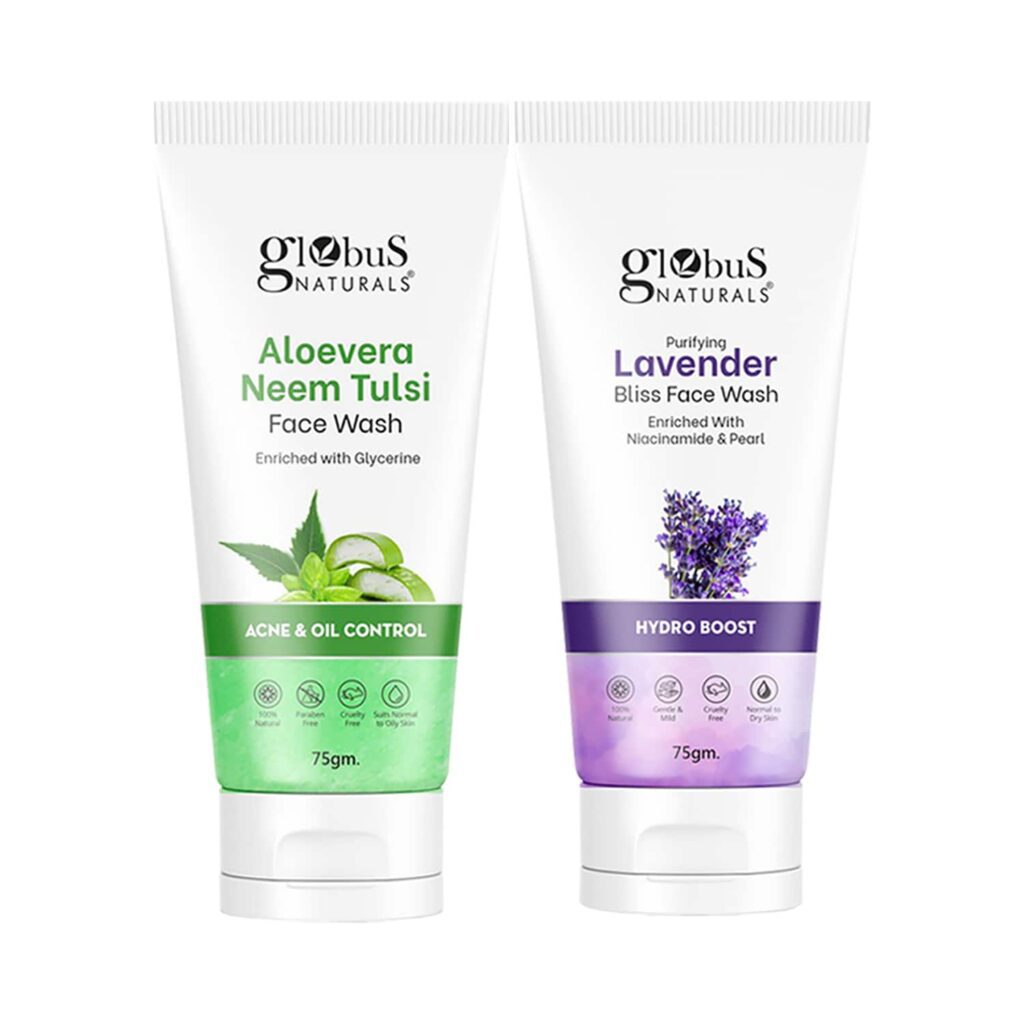Globus Naturals Acne & Oil Control Aloe Vera Neem Tulsi & Hydro Boost Lavender Face Wash Combo (2 Pcs) - Globus Naturals