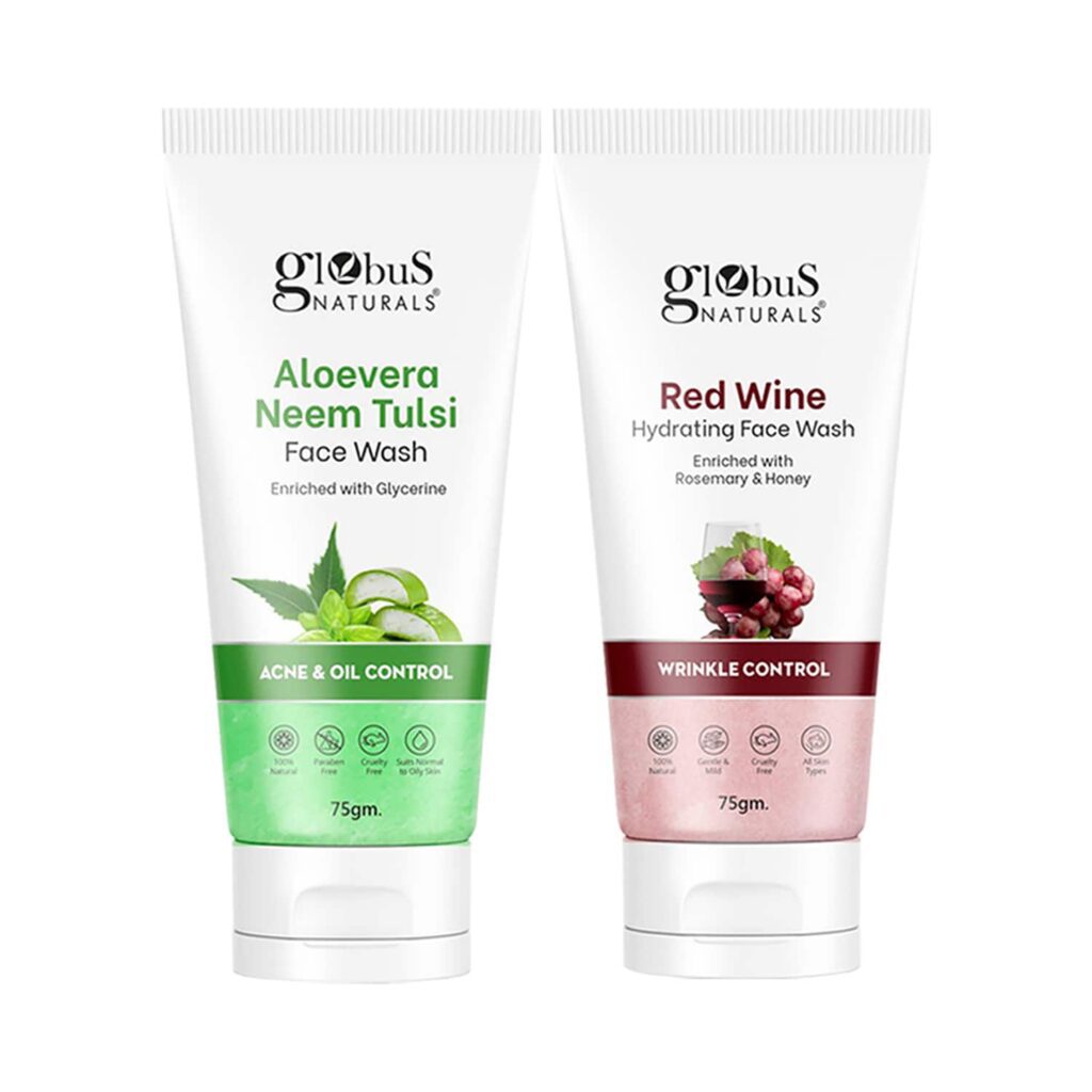 Globus Naturals Acne & Oil Control Aloe Vera Neem & Wrinkle Control Red Wine Face Wash Combo (2 Pcs) - Globus Naturals