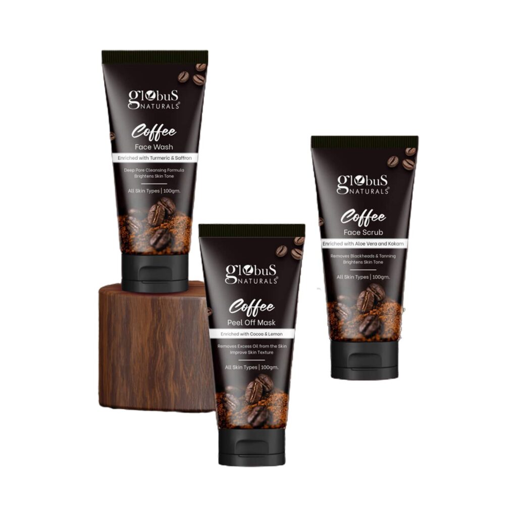 Globus Naturals Coffee Care Skin Brightening Face Wash, Face Scrub & Peel Off Mask Combo (3 Pcs) - Globus Naturals
