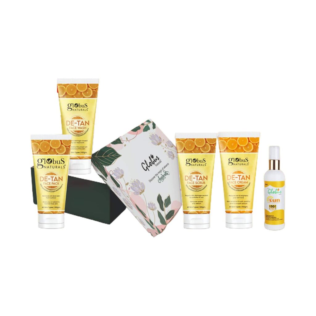 Globus Naturals De-Tan Face Wash, Face Pack Face Cream, Face Scrub & Sunscreen Lotion Gift Box (5pc) - Globus Naturals