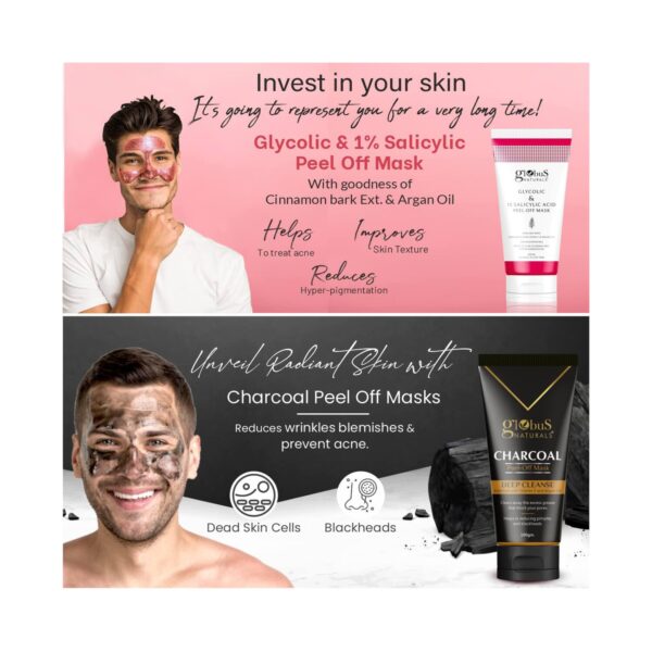 Globus Naturals Deep Cleanse Charcoal & Glycolic & 1% Salicylic Acid Peel Off Mask Combo ( Men) (2pc) - Globus Naturals