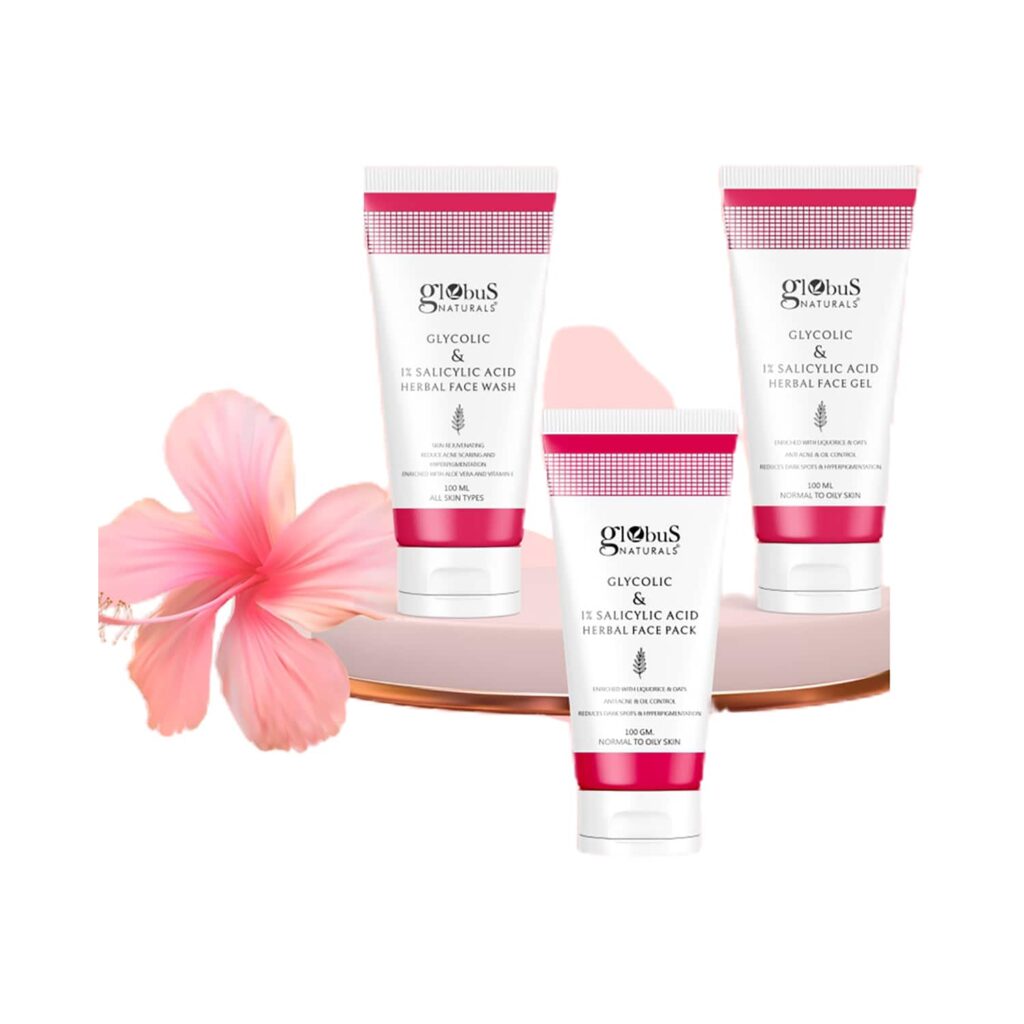 Globus Naturals Pimple Clear Glycolic & 1% Salicylic Acid Face Wash, Face Gel & Face Pack Combo (3pc) - Globus Naturals