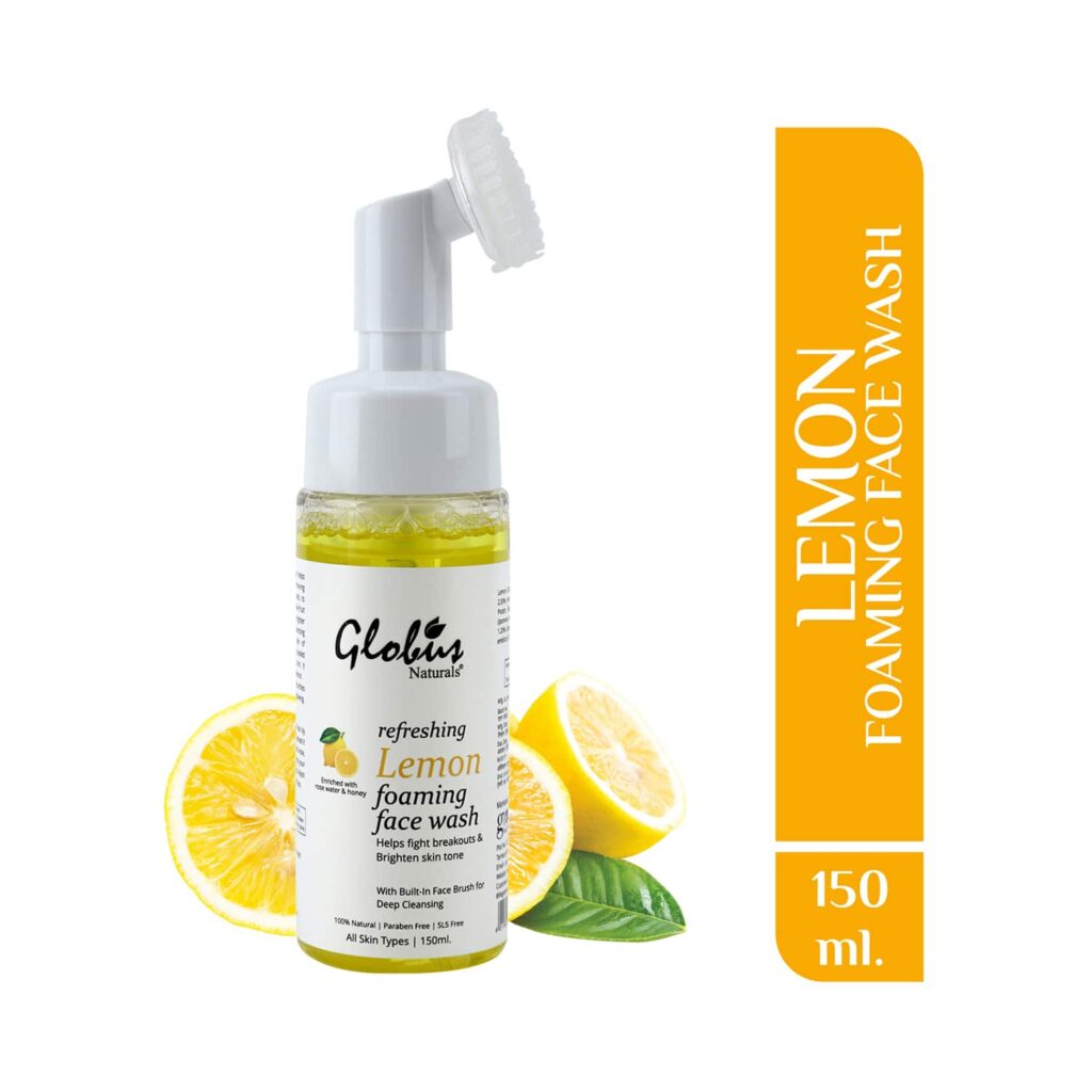 Globus Naturals Refreshing Lemon Foaming Face Wash With Silicone Face Massage Brush (150ml) - Globus Naturals