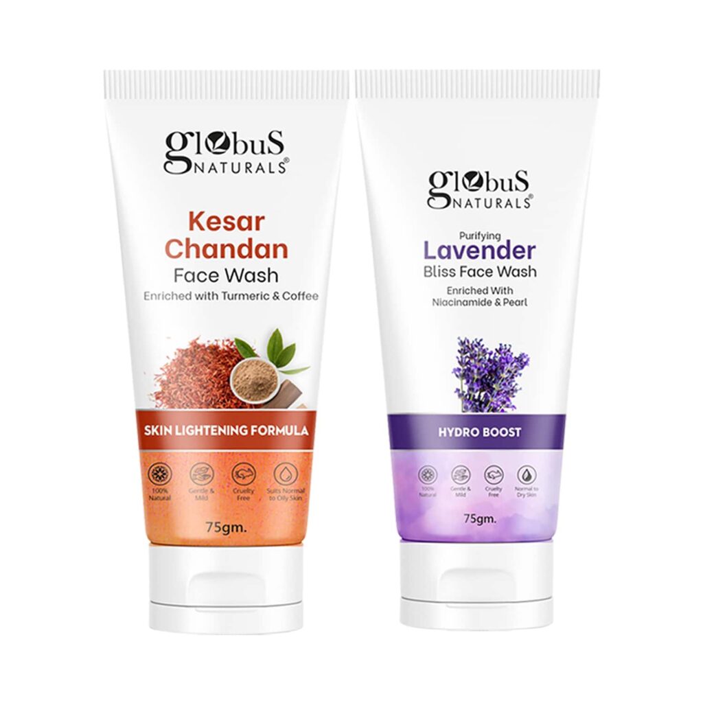 Globus Naturals Skin Lightening Kesar Chandan & Hydro Boost Lavender Face Wash Combo (2 Pcs) - Globus Naturals