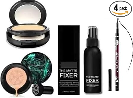 Glowhouse Sunisa Foundation Bb and Cc Cream With Air Cushion, 2in1 Makeup Compact With Makeup Fixer With Long Lasting And Water Proof Eyeliner Combo of 4 Items