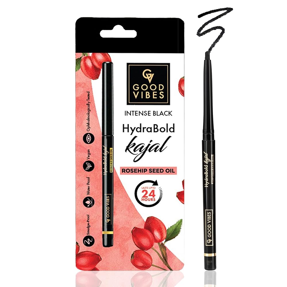 Good Vibes HydraBold Intense Black Kajal (0.35g) | 24HR Long Lasting Stay | Smudge Proof & Water Proof | With Rosehip Seed Oil | Highly Pigmented | Smooth Texture