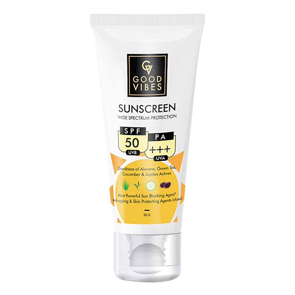 Good Vibes Wide Spectrum Protection Sunscreen With SPF 50 (50 g)| Sun Protection For All Skin Types | Lightweight, Non-Greasy, Anti-Ageing | With Aloe Vera | No Parabens