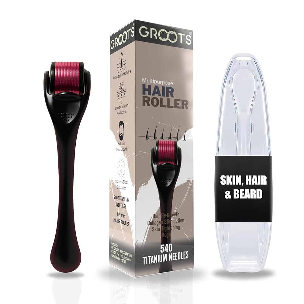 Groots Derma Hair Roller 540 Titanium Alloy Microneedling for Hair Regrowth | Beard Regrowth | Reduces Acne Scars | Rejuvenates Skin | Stimulates Hair Follicles for Men and Women