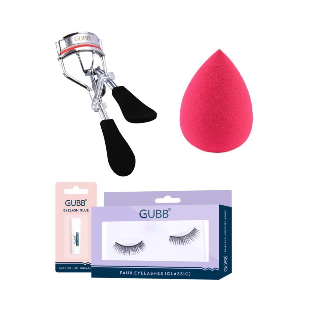GUBB Makeup On The Go Combo (Beauty Blender Pink, Eyelash Curler & Eyelash Set Party) Combo - GUBB