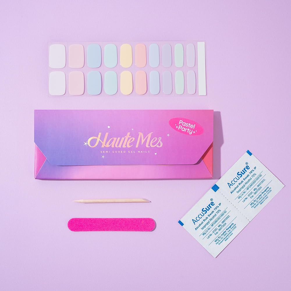 Haute Mes Semi Cured Gel Nail Stickers - 20 Tips | Long Lasting, Easy to Apply & Remove | Salon-Quality Nail Art Kit | Includes Nail File & Cuticle Stick | Free UV Lamp (Pastel...