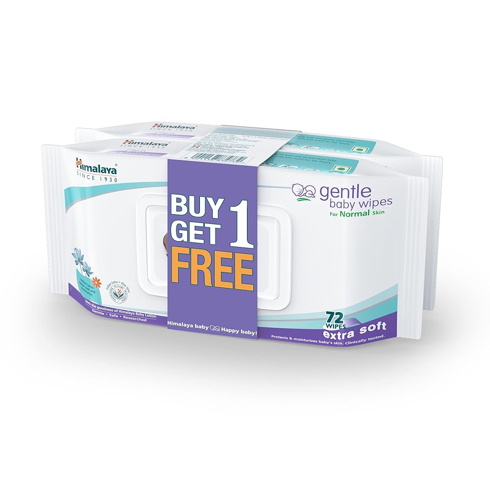 Himalaya Gentle Baby Wipes with Lid, 72 wipes - Buy 1 Get 1 Free |100% Biodegradable Plant-based fabric | Indian Lotus & Aloe Vera | Skin Friendly PH| Extra Soft