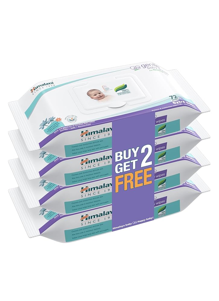 Himalaya Gentle Baby Wipes with Lid, 72 wipes - Buy 2 Get 2 Free |100% Biodegradable Plant-based fabric | Indian Lotus & Aloe Vera | Skin Friendly pH| Extra Soft