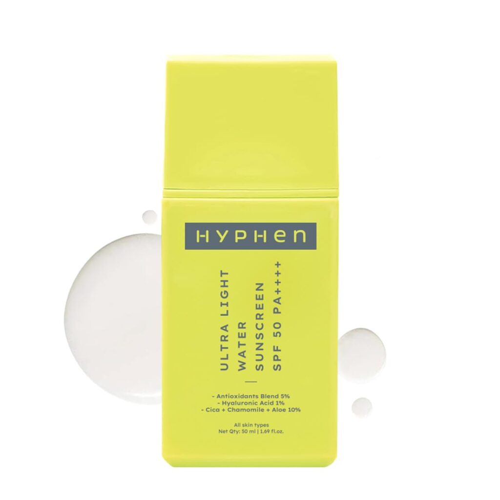 Hyphen 1% Hyaluronic Ultra Light Water Sunscreen SPF 50 PA ++++ | Broad Spectrum & Blue Light Protection | No White Cast | 5% Antioxidants Niacinamide Vitamin E | Korean Sun...
