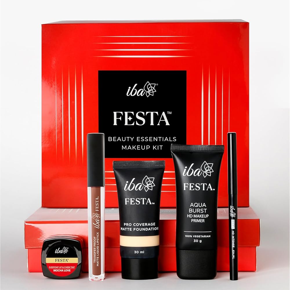 Iba Festa Beauty Essentials Makeup Kit for Women | 5 in 1 Makeup | Contains: Liquid Lipstick, Kajal, Primer, Foundation, Lip & Cheek Tint | Long Lasting Makeup Kit Combo With...