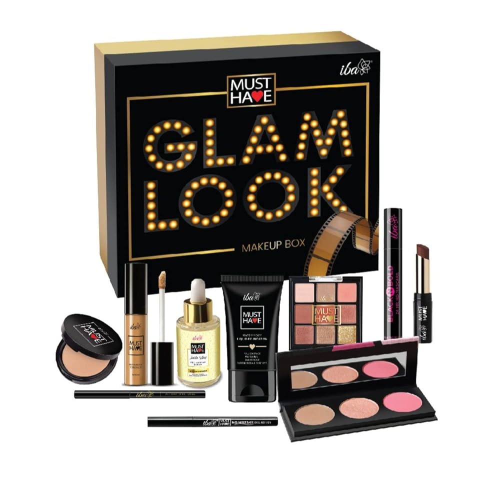 Iba Must Have Glam Look Makeup Box Dusky for Women | Pre Makeup Serum | Waterproof Foundation | Matte Compact | Concealer | Transfer Proof Lipstick | 3 in 1 Face Palette with...
