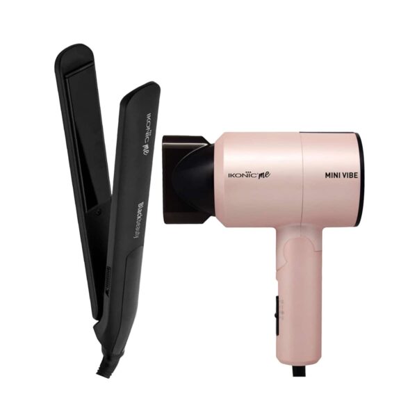 Ikonic Professional Black Beauty Hair Iron Straightener and Mini Vibe Pearl Pink Hair Dryer Combo - Ikonic Professional