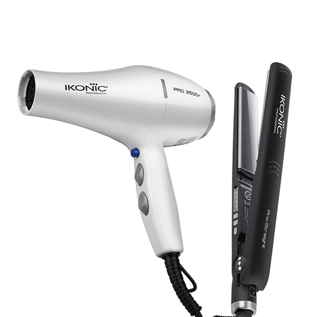 Ikonic Professional Pro Straight Black Hair Straightener and 2500+ Pro White Hair Dryer Combo - Ikonic Professional