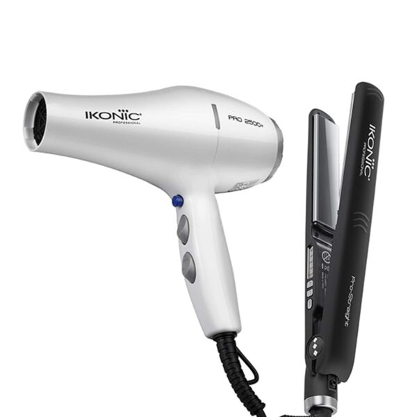 Ikonic Professional Pro Straight Black Hair Straightener and 2500+ Pro White Hair Dryer Combo - Ikonic Professional