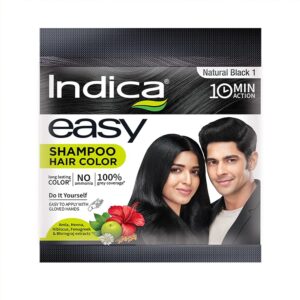 Indica Easy Do-It-Yourself 10 Minutes Hair Color Shampoo with 5 Herbal Extracts and 100% Ammonia Free, Long Lasting Formula, (12.5g + 12.5ml) - Natural Black Colour (Gloves...