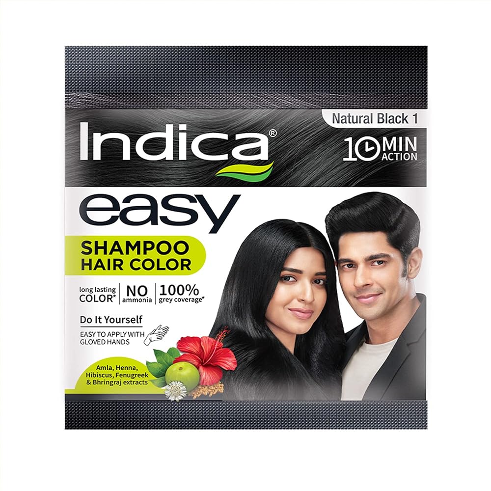 Indica Easy Do-It-Yourself 10 Minutes Hair Color Shampoo with 5 Herbal Extracts and 100% Ammonia Free, Long Lasting Formula, (12.5g + 12.5ml) - Natural Black Colour (Gloves...