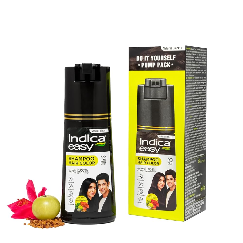 Indica Easy Do-It-Yourself Hair Color Shampoo Pump Pack with 5 Herbal Extracts and 100% Ammonia Free, Long Lasting Formula, 180 ML - Natural Black Colour (Gloves Included)