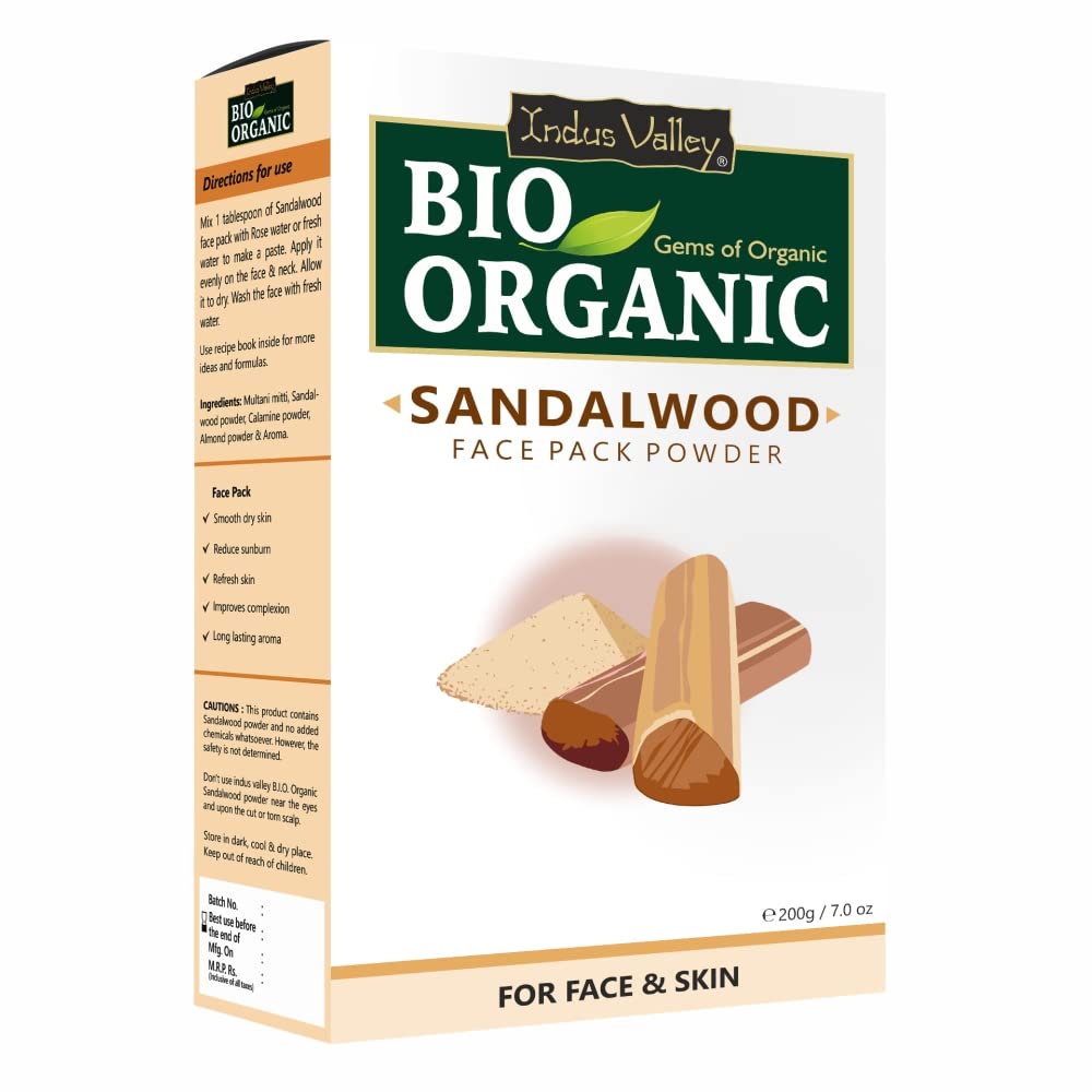 Indus Valley Bio Organic Sandalwood Face Pack Powder | Lightens Suntan, Dark Spots & Pigmentation | Prevents Acne Breakouts | Enriched with Chandan Powder for Glowing Skin & Tan...