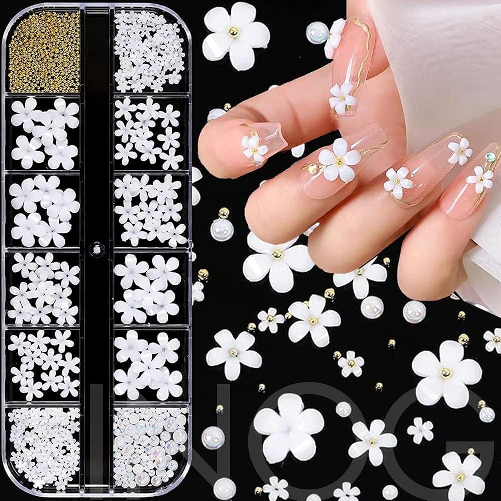 INOG 3D Flower Nail Art Charms, 250pcs White Flowers Rhinestones Kit, Crystal Pearls Flat Design Acrylic Studs Manicures Accessories for Women Girls