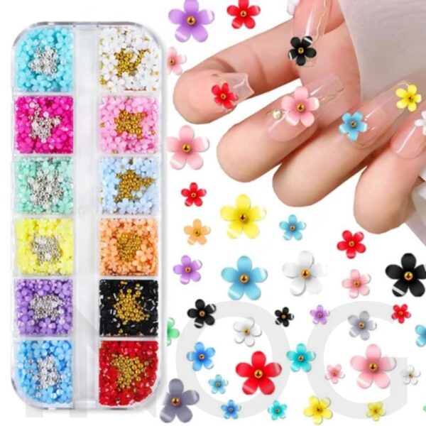 INOG 3D Flower Nail Art Kit Nail Decals Nail Charms with Golden Beads for Women Girls, 12 Color DIY Resin Flower Decals for Nails Salon Accessories with Grid Case