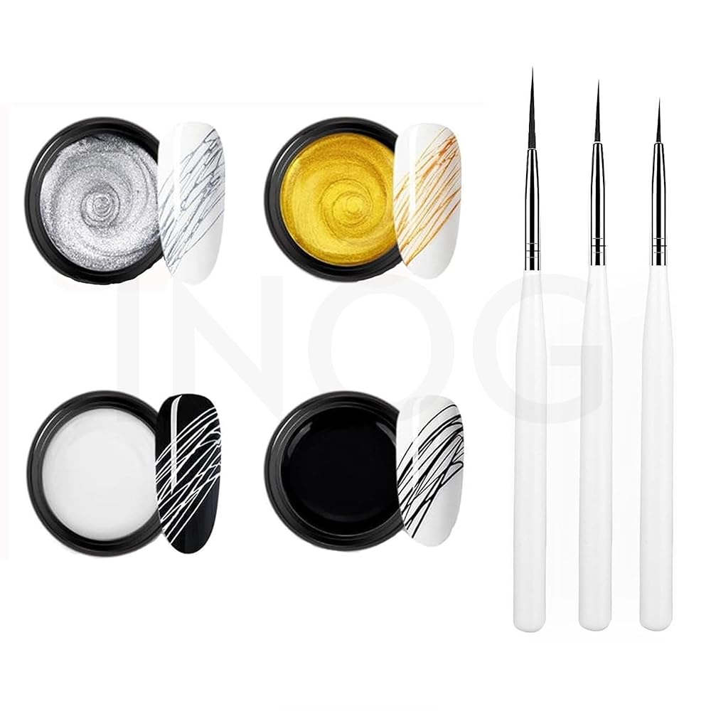 INOG 4 Colors Spider Gel with Nail Art Brushes, Wire Drawing Gel Polish for Line (White Black Gold Silver)