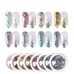 INOG 8 PCS Shimmer MILERS Professional Nail Decoration Mixed Mirror Hexagon Shape Mermaid Flakes SPANGLES Palette Craft Glitters Holographic Manicure, Multi-Colored Mix Multi...